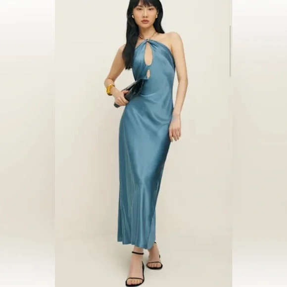 reformation blue silk dress Jillian The straight hemline falls to an ankle Reformation Jeany satin-finish Silk Dress